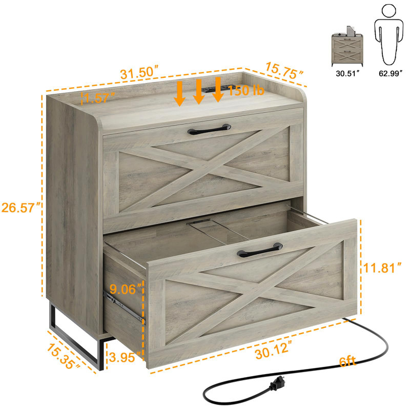 Lateral File Cabinet With Charging Station, Washed Gray