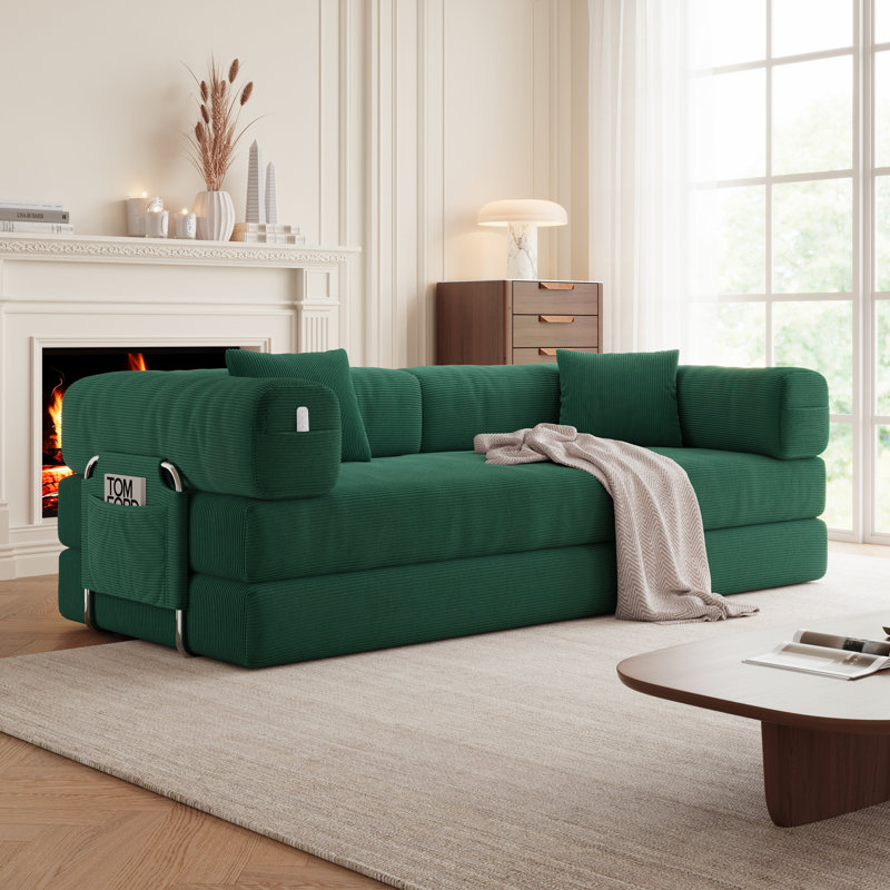 78.7" Large 5 in 1 Sofa Bed Convertible, No Tools Assembly Sleeper Sofa, Modern FrameLess Boneless Couch, Washable Corduroy Couch, Oversized for Small Space, 2 Pillows Included, Green