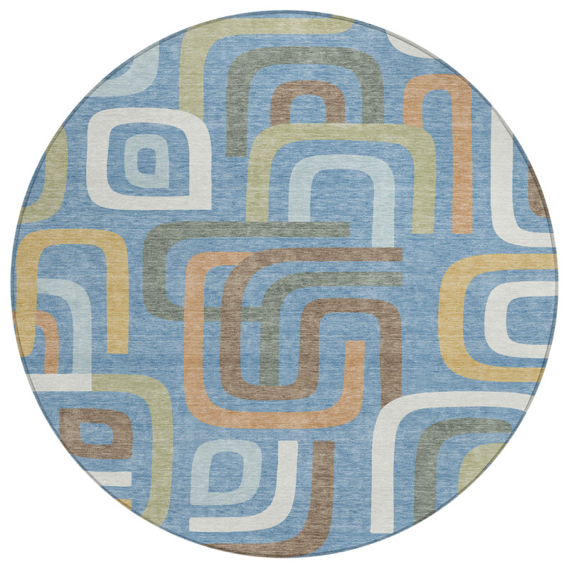 Machine Washable Indoor/Outdoor Chantille ACN2551 Mid-Century Modern Rug, Blue, Round 8'