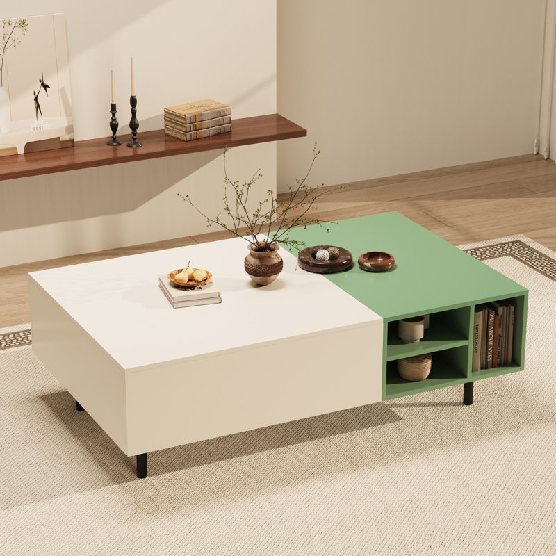 Modern Living Room Two - Tone Coffee Table With 2 Drawers & Open Shelves, Hidden Handle