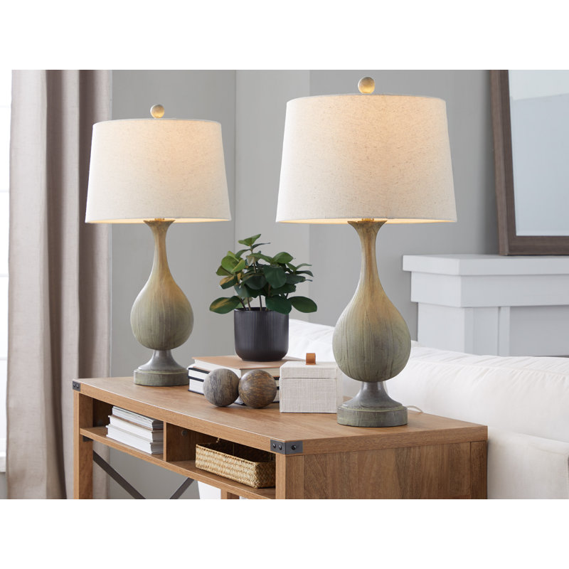 29" Polyresin Table Lamp in Acid Wood Polyresin, Antique Soft Brass and Natural Linen Shade, Gray, Off-White