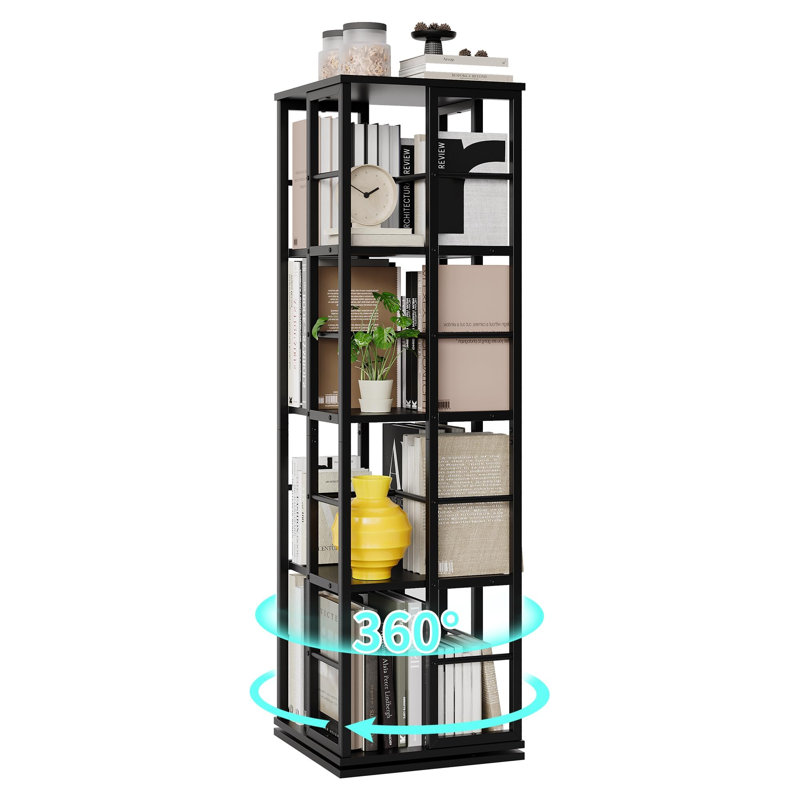 360° Rotating 4-Tier Square Bookshelf, Corner Bookcase Tower for Home, Living Room, Study, Bedroom, Black
