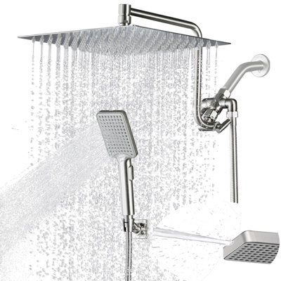 Combo de douche de luxe à pluie de 12 pouces de luxe - bras réglable en acier inoxydable, inverseur en laiton à 3 voies et tuyau de 71 po