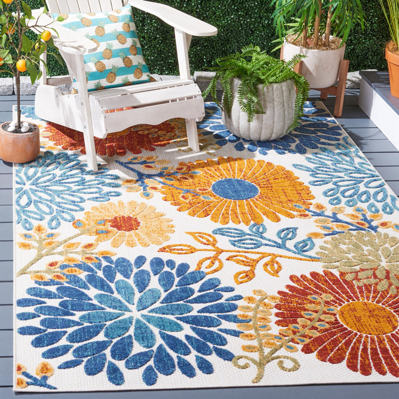 Kellems Performance Floral Indoor/Outdoor Area Rug, Rectangle 10' x 14', Blue/Orange/Cream