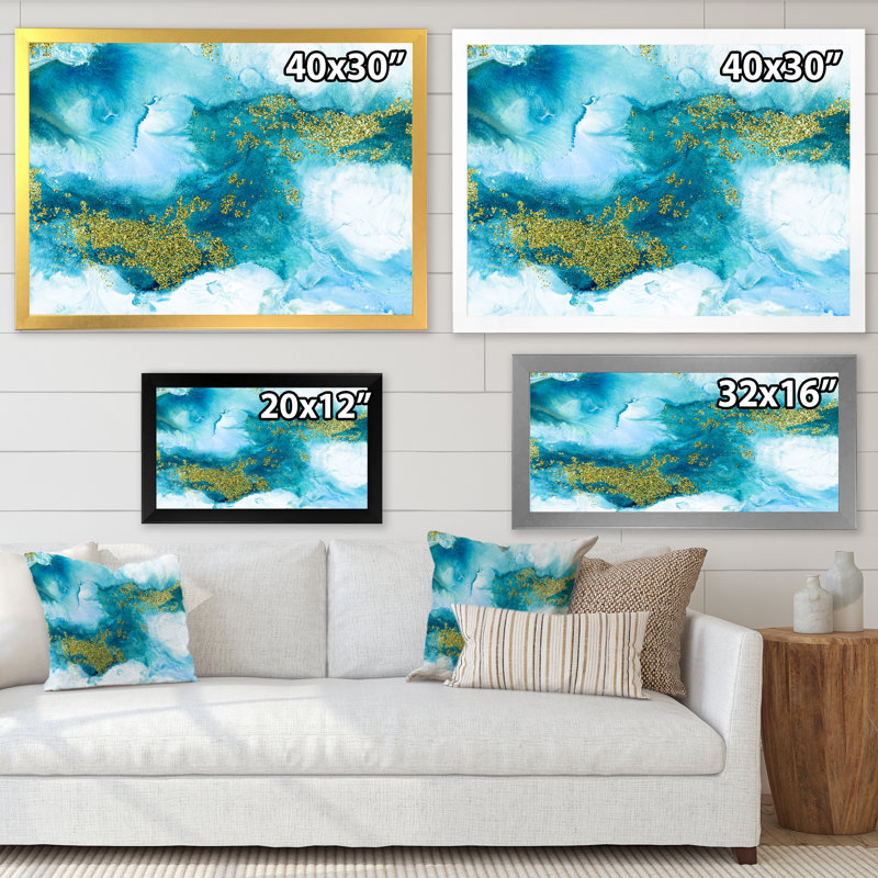 «Blue with Gold Glitter Creative Abstract», peinture sur toile, H 16 po x l 32 po x P 1 po, Cadre photo argenté