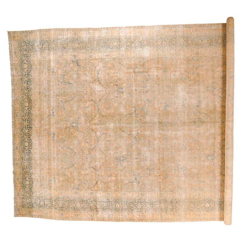 Tapis unique en laine beige / bleu 10 pi 6 po x 17 pi 9 po années 1990