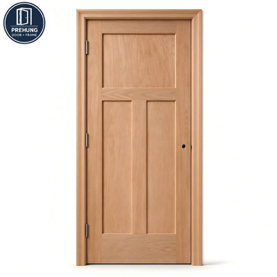 Porte intérieure pré-suspendue en chêne rouge moderne à 3 panneaux, porte en bois brut avec cadre