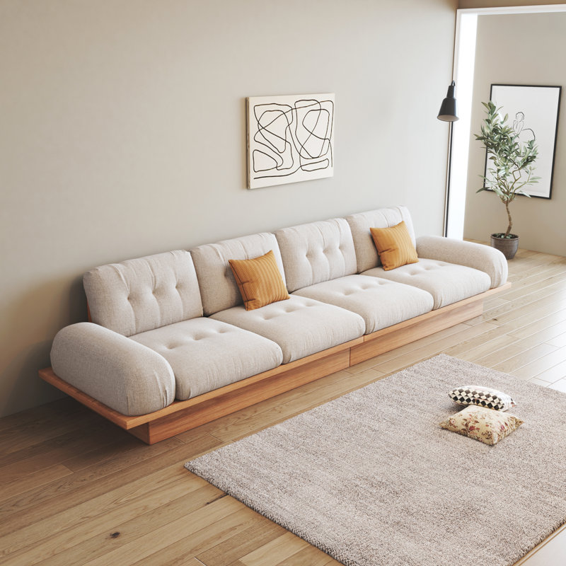 Canapé modulaire capitonné beige en lin avec accoudoirs et coussins, 4, H 35,1 po x l 137,8 po x P 35,43 po