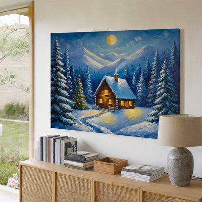 Toile «Cozy Log Cabin Nestled In A Serene Winter Landscape», art mural orné d'une épaisse couverture de neige qui scintille