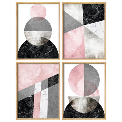 "Décoration abstraite géométrique en marbre rose et gris", 4 pièces