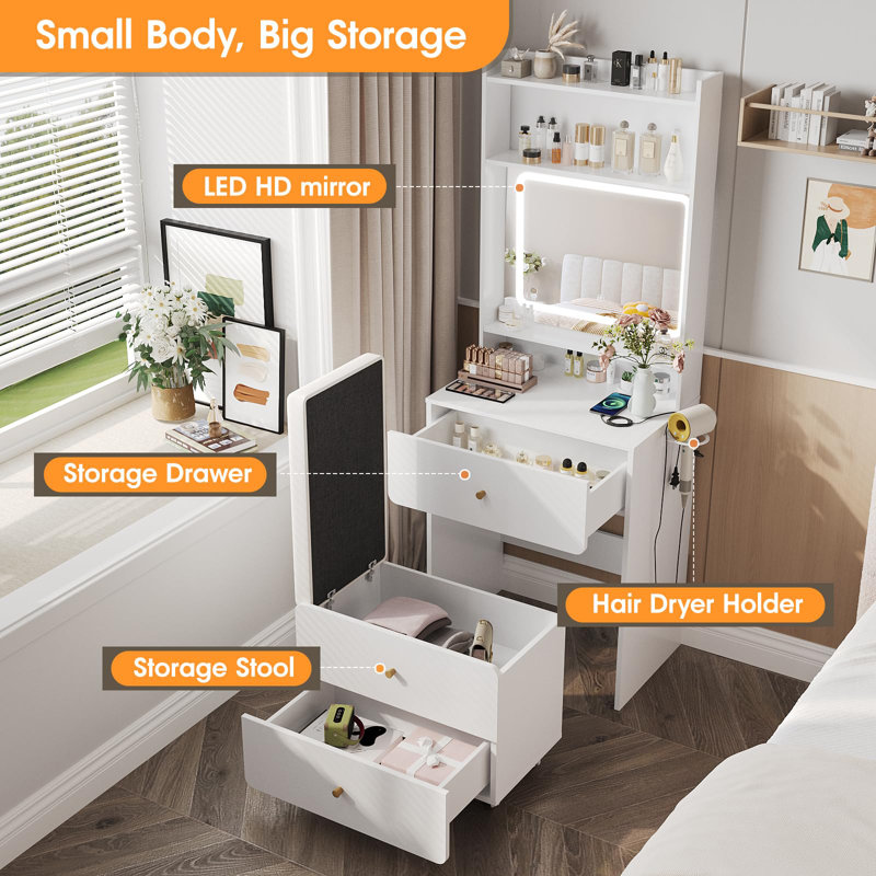 Small Vanity Desk Set With 3 Adjustable Lighted Mirror, White