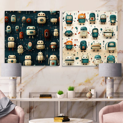 Robot Pattern For Teens Betroom - Children Acrylic Wall Art Glass Set Of 2