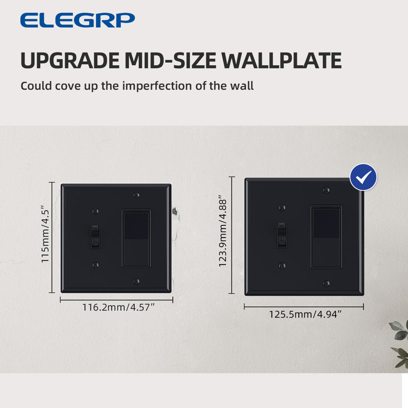 2 Gang Midsize 1-Toggle/1-Decorator/Rocker Wall Plate, Black (10 Pack), Black