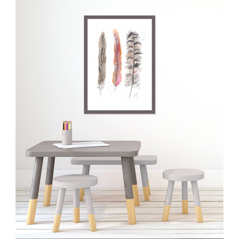 Art juvénile, plumes de plumes II, H 36,5 po x l 26,5 po x P 0,6 po, Encadrement fil du bois gris