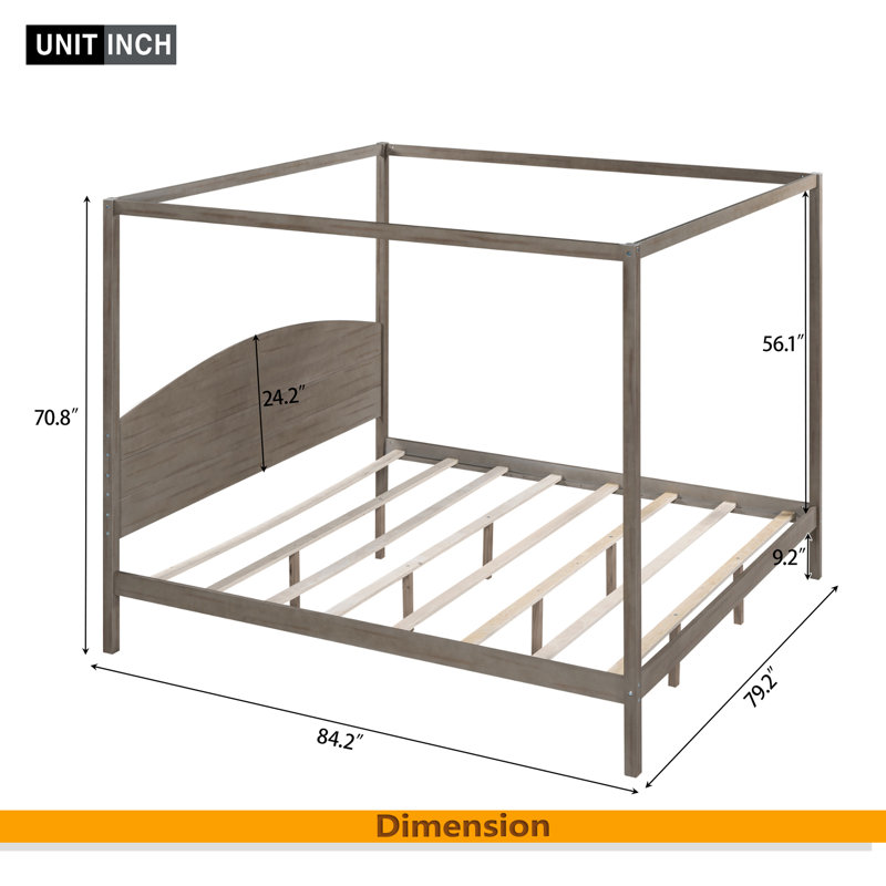King Size Canopy Platform Bed With Headboard And Support Legs, Brown Wash