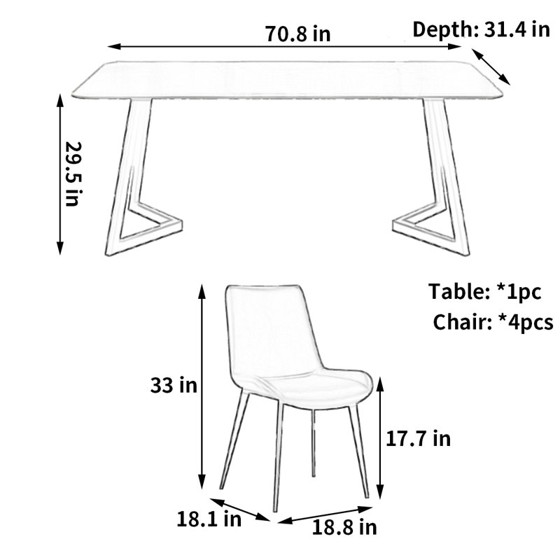 Table et chaises de style rétro, H 29,5 po x L 70,8 po x l 31,4 po