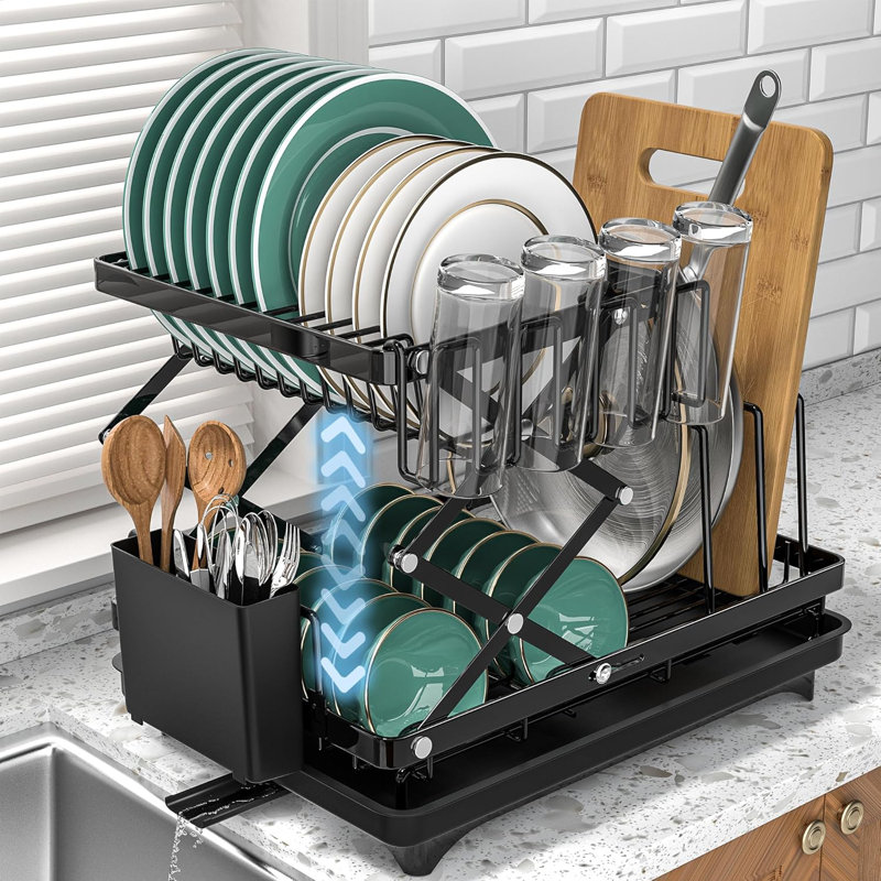 Égouttoir à vaisselle extensible à 2 niveaux - hauteur réglable, planche de drainage, porte-ustensiles pour comptoir de cuisine