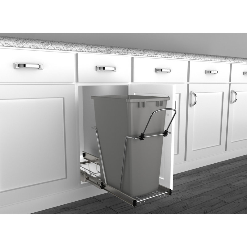 Rev-A-Shelf Pull Out Trash Can 35 Qt for Kitchen Cabinets, Metallic Silver