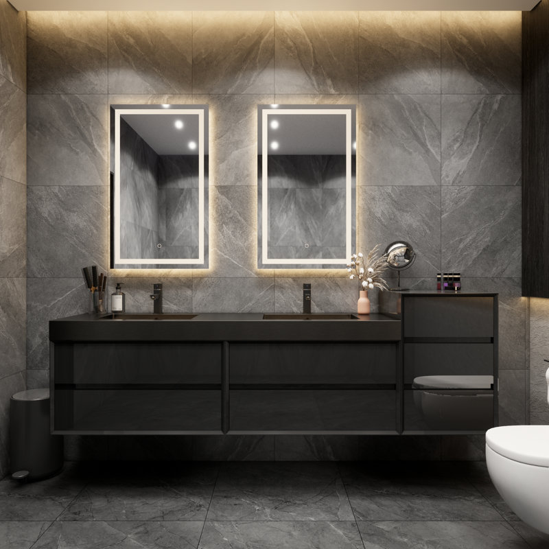 Golitz 103.5'' Double Bathroom Vanity with Stainless Steel Top, Glossy Black