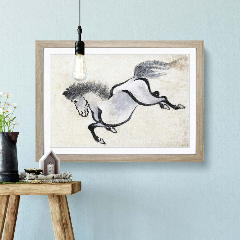 Running Horse by Katsushika Hokusai - Picture Frame Painting Print, 48cm H x 65cm W x 2cm D, Oak Framed