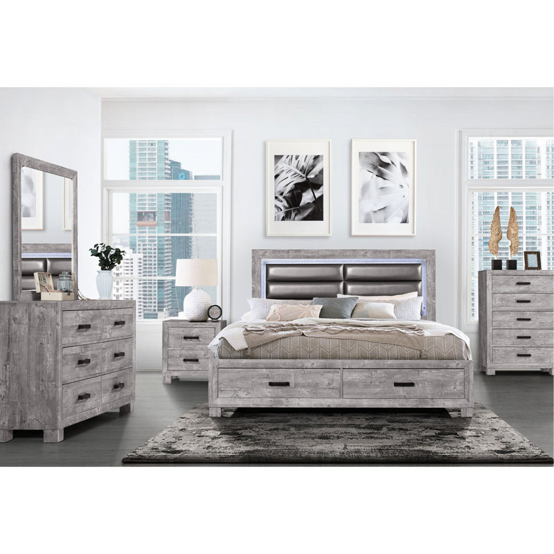 Inspiré du très grand lit gris en gris avec option de rangement spacieux, charme et espace