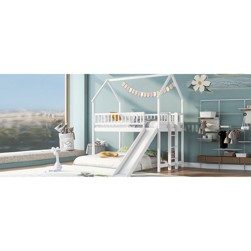 White Twin Over Full Bunk Bed With Slide, , And Long-Lasting Build House-Shaped Slide & Color, Build, Full Guardrail, White