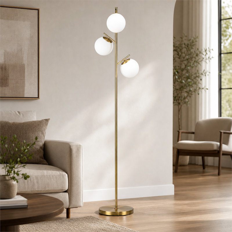 Lampe sur pied moderne à trois lampes en forme d'arbre doré - Abat-jour sphérique créatif - Idéal pour les salons, les chambres et les bureaux - Éclairage luxueux