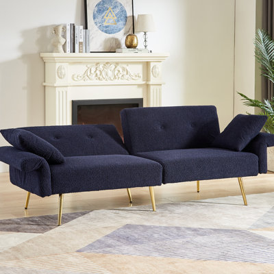 Lit moderne en tissu bleu foncé à 3 places avec accoudoirs pliables, poches latérales et coussins moelleux pour le bureau