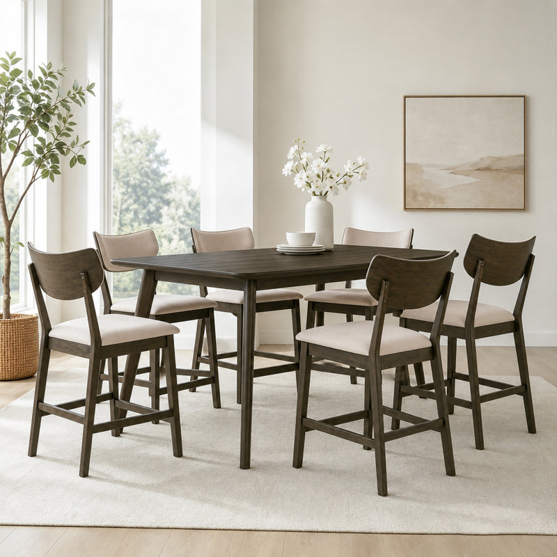 Mid-Century Modern 7-Piece Counter Height Dining Set, 60" Rectangular Dining Table with 6 Upholstered Chairs