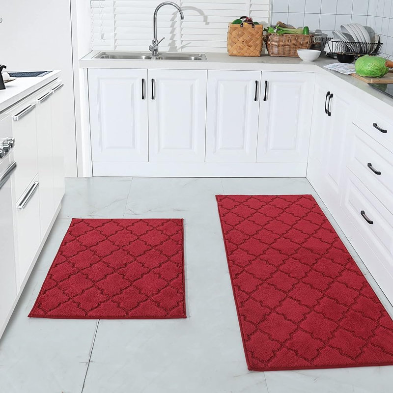 Muhd Kitchen Mat Set of 2, Red, Rectangle 2' x 3'+ 2' x 5'