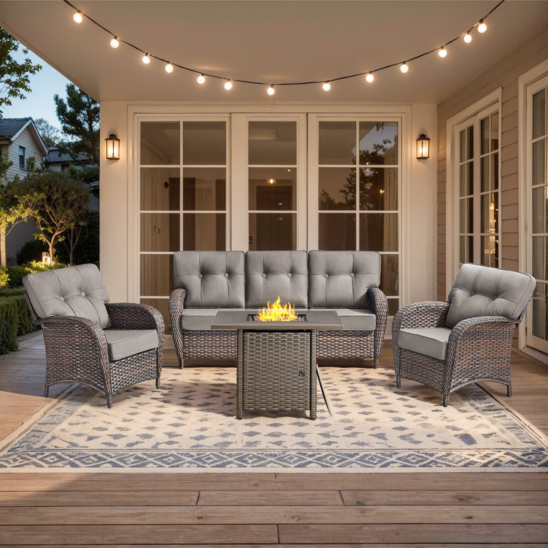 Teebeck 4-Piece Outdoor Wicker Patio Conversation Set With Cushions And Square Fire Pit Table, Gray