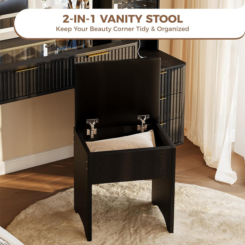 Vanity Desk with Lighted Mirror, Glass Top Dressing Table, Cushioned Storage Stool, Built-in Charging Station, Bedroom, Black