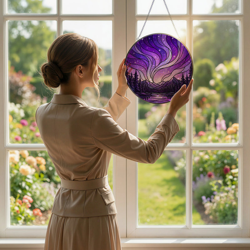7.8"H Purple Sky Stained Glass Window Panel, 7.8" H x 7.8" W
