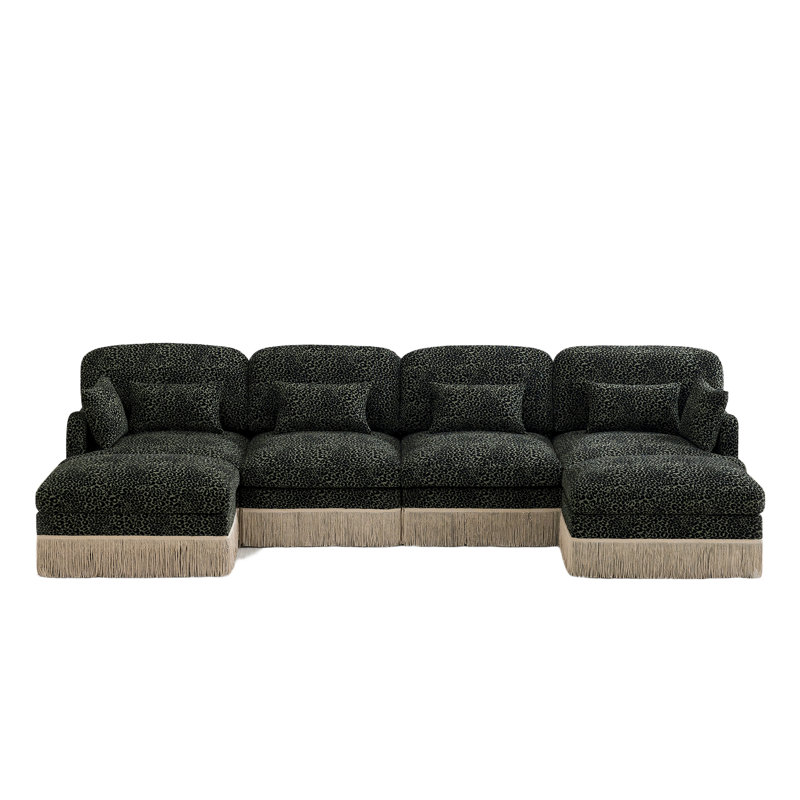 Modern Modular Leopard Print Chenille Sofa With Tassel Fring & Lumbar Pillows, Green Chenille