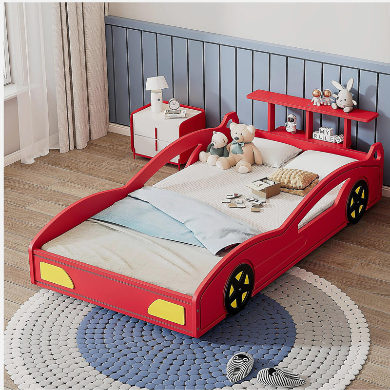 Wooden race car bed with wheels, a double-decker platform bed in the shape of a race car, suitable for teenagers, Red
