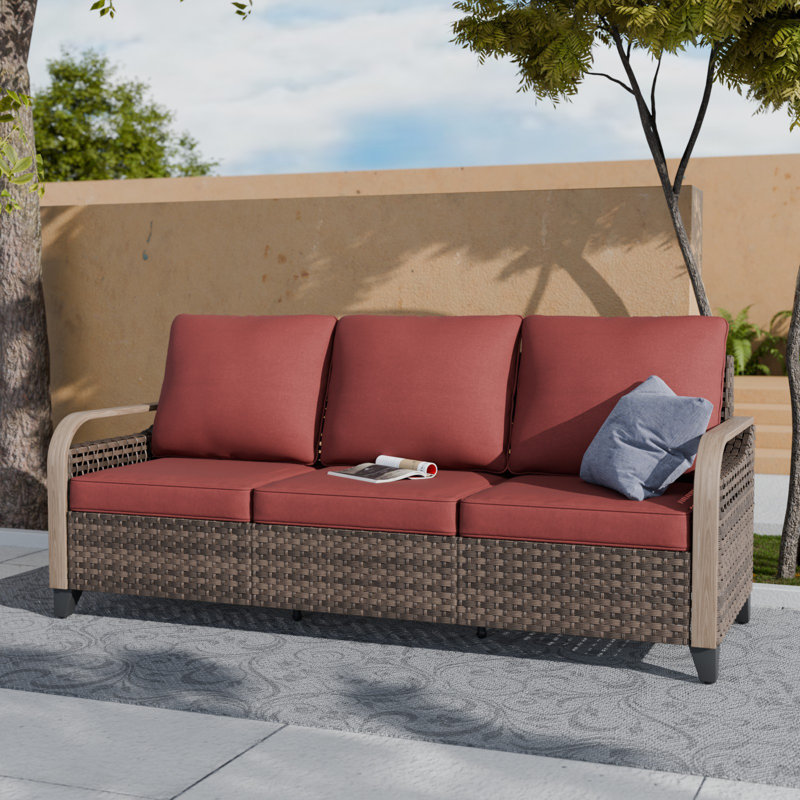  Canapé de patio d'extérieur en osier avec coussins 77,6 po Jahtavious, Rouge