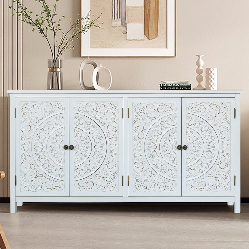 Buffet 60 po en bois rustique, commode décorative à 4 portes pour l'organisation de la maison, finition peinte, armoire de rangement haute et antique avec rangement ouvert blanc, rangement pour garde-manger, capacité généreuse