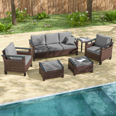 6 Piece Wicker Patio Sofa Set with Ottoman and Square Table