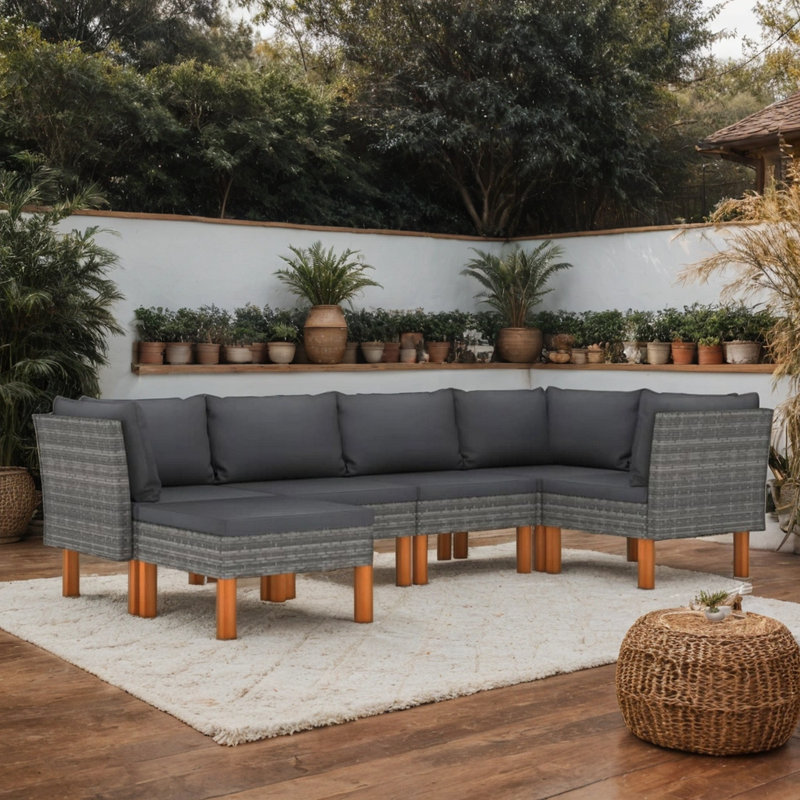 Ensemble de canapé modulaire d'extérieur 6 pièces Casey, rotin gris, bois massif
