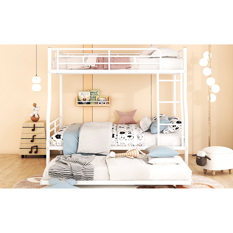 Lit superposé double au-dessus de grand lit double avec lit gigogne, en fer blanc, robuste et stable pour tous les décors ménagers. Assemblage sans effort.
