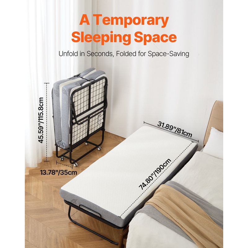 Rollaway Bed, 31 In X 75 In Folding Bed With 4 In Mattress, Twin Size Foldable Bed With Sturdy Metal Frame And Memory Foam Mattress, Portable Twin Roll Away Bed With Mattress, For Adults, Guest