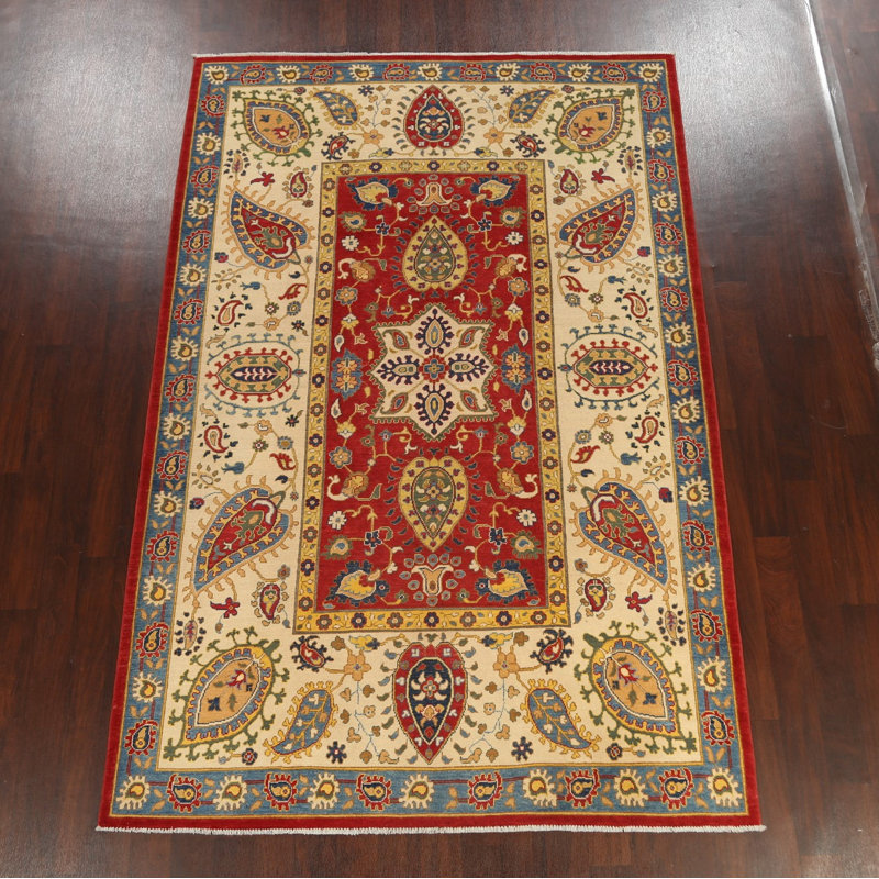 Tapis rouge noué à la main de conception unique 6 pi 6 po x 10 pi