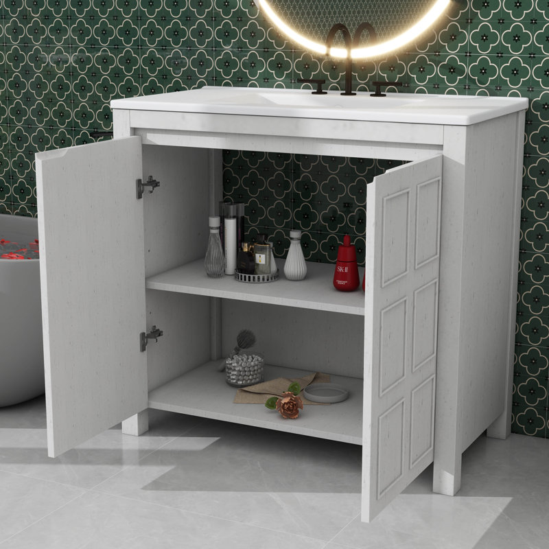 Organisateur de meuble-lavabo pratique 36 po avec lavabo en céramique, Blanc antique