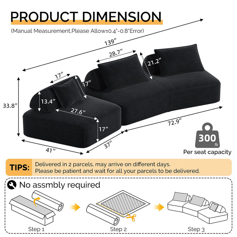 Ensemble de canapé modulaire surdimensionné de luxe moderne surdimensionné de 139 po, canapé rembourré moelleux en chenille avec dossiers amovibles et coussins moelleux, canapé à siège profond et canapé-lit pour salon, bureau, gris foncé