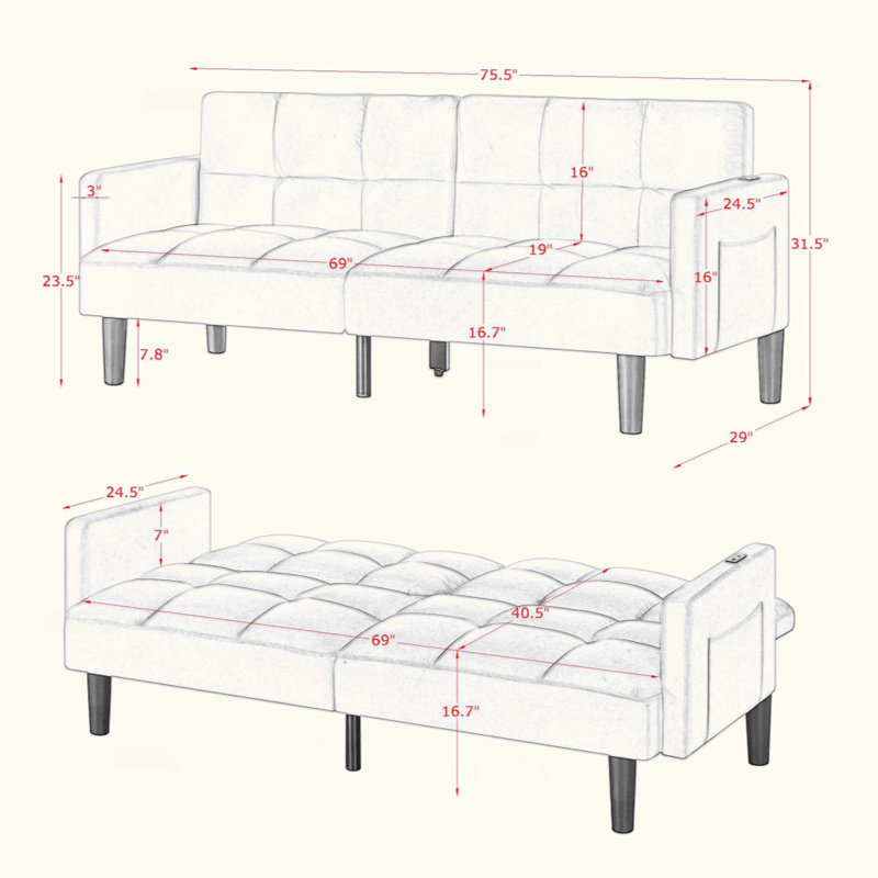 Velvet Futon Couch Convertible Folding Sofa Bed Tufted Couch, Gray