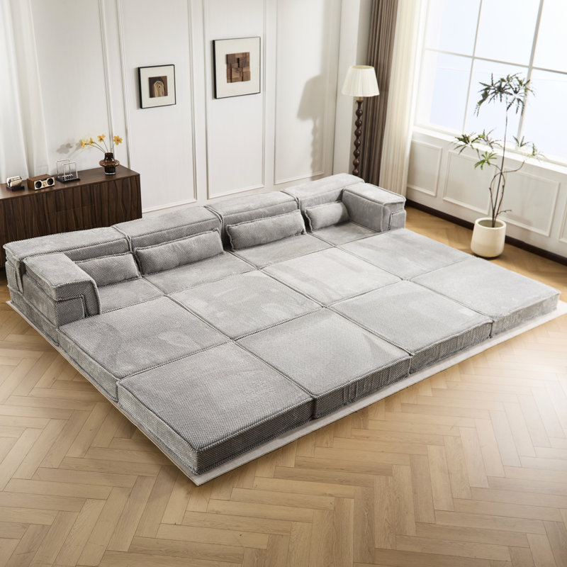 Canapé d'angle modulaire sans os à monter soi-même, gris, convertible en lit, 4 places, polaire circulaire, mousse à mémoire de forme haute densité, sans assemblage, pour la maison, avec 2 espaces adaptables et résilients.