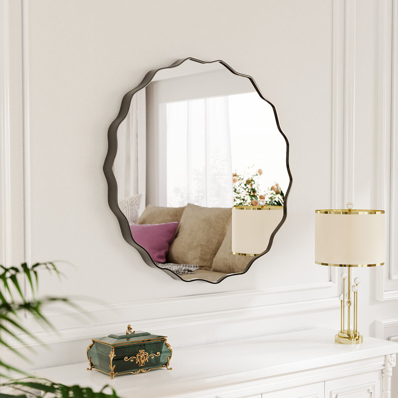 Round Wavy Mirror, Metal Frame Circle Mirror, Round Wall Mounted for Entryway, Bathroom, Vanity, Living Room,, 28" x 28"