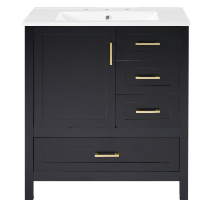 Meuble-lavabo 30 po avec plateau en céramique et tablette coulissante, Noir
