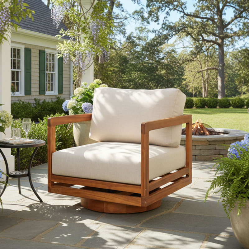 Chaise longue pivotante d'extérieur Tanah, finition teck avec coussin beige