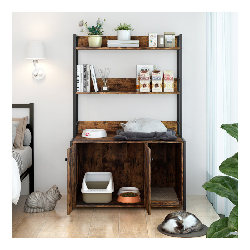 Grand bac à litière pour chat avec rangement, étagère pour chat caché, maison pour chat en bois avec bloc-notes, armoire pour chat robuste avec 2 portes